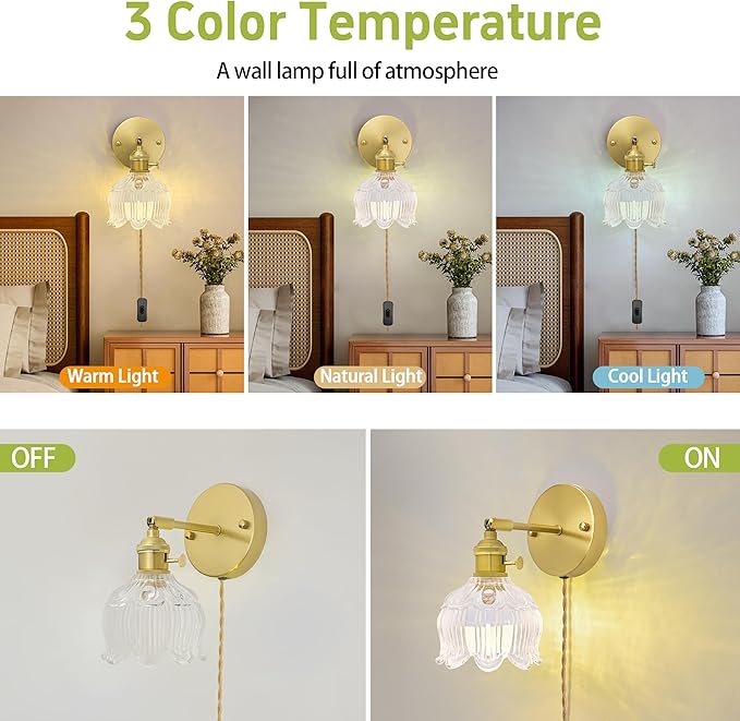 Plug in Wall Sconces,Plug in Wall Lamp, Vintage Wall Light with Clear Tulip Glass Lampshade, 3-Way Dimmable with Dual Switches, No Wiring Needed for Bedroom Wall Decor and Hallway