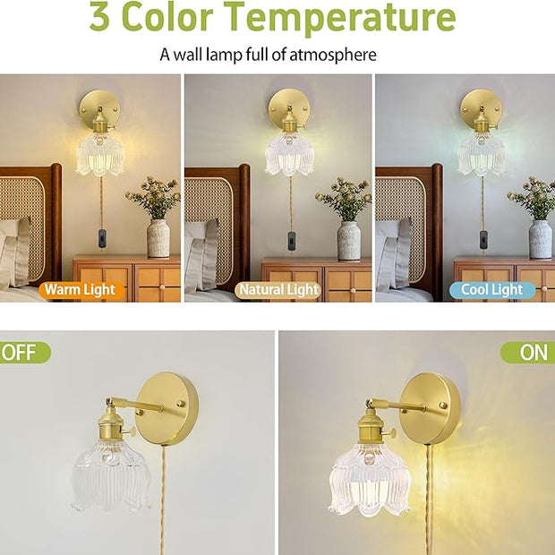 Plug in Wall Sconces Set of 2, Plug in Wall Lamp, Vintage Wall Light with Clear Tulip Glass Lampshade, 3-Way Dimmable with Dual Switches, No Wiring Needed for Bedroom Wall Decor and Hallway