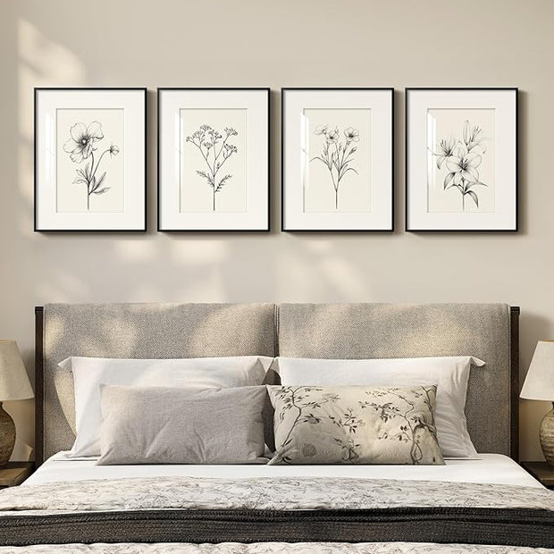 Framed Vintage Botanical Wall Art Set, 4 Piece Minimalist Black and White Floral Prints Artwork for Walls, Neutral Flower Pictures for Modern Farmhouse Bedroom Living Room Bathroom Wall Decor, 12x16