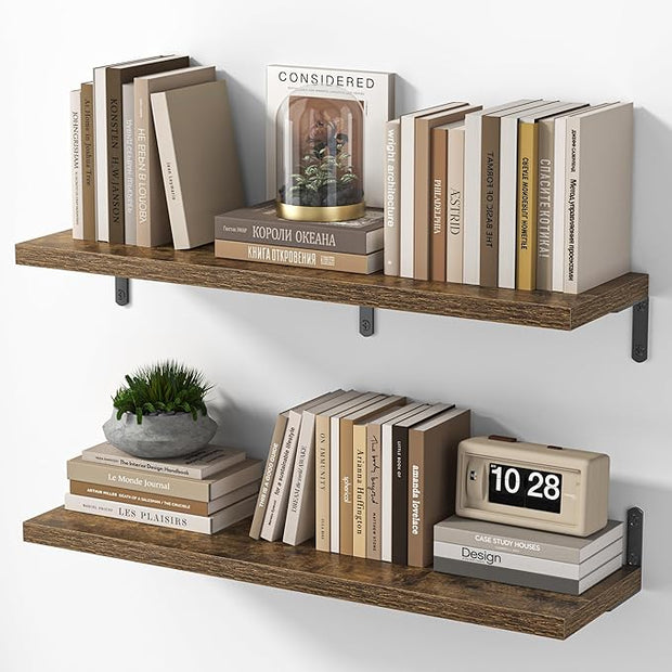 Marsmiles Extra Wide Floating Shelves for Wall, 32x8 Inch Natural Wood Grain Bookshelves, Heavy Duty Mounted Shelving for Bathroom, Kitchen, Living Room, Bedroom,Set of 2，Rustic Brown