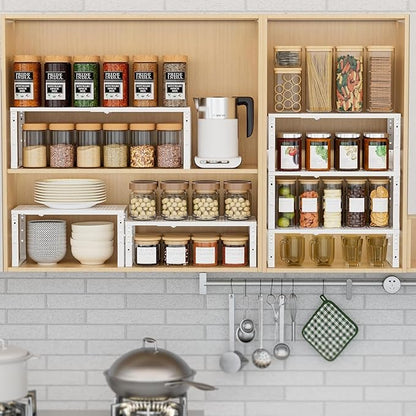 Expandable Spice Rack Kitchen Cabinet Shelf Organizer, Stackable Storage Shelves Racks, Adjustable Counter Shelving for Cabinets, Countertop, Cupboard,Pantry and More(1Pack/White/Medium)