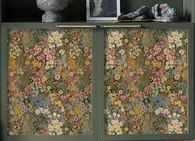 Floral Wallpaper Peel and Stick Boho Wall Paper Removable Waterproof Green Petal Pattern Contact Paper for Bedroom, Bathroom, Home Wall 17.3" x 393.7"