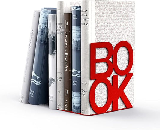 Book Ends - Decorative Metal Book Ends Supports for Bookrack Desk,Books, Unique Appearance Design,Heavy Duty (Red)