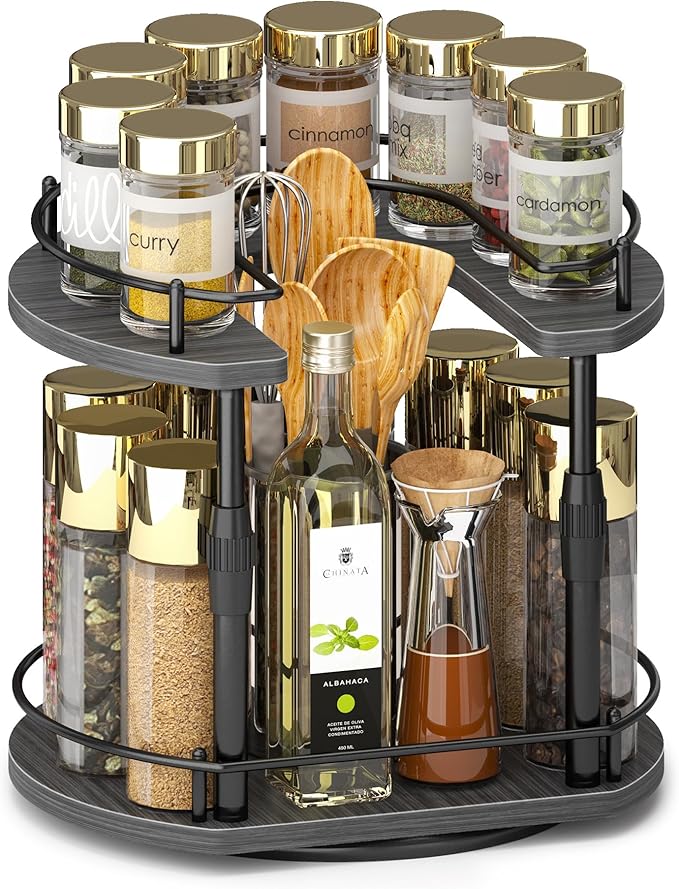 Lazy Susan Spice Rack Organizer For Cabinet With Adjustable Height, 12 inch Rotating Countertop Seasoning Organizer For Tall Bottle, 2-Tier Spining Turntable Spice Holder For Pantry