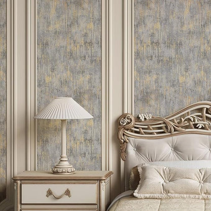 Zeeko Vintage Textured Wallpaper 17.3"x 472" Distressed Metallic Grey/White/Gold Vintage Metallic Concrete Wallpaper Modern Non Woven (Non-Pasted) Industrial Style Need Adhesive