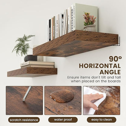 30 Inch Floating Shelves | 12 Inch Deep Brown Floating Shelves | 30" W x 12" D Rustic Wood Shelves for Wall | Deep Brown Shelves for Living Room Bathroom Laundry Room Kitchen