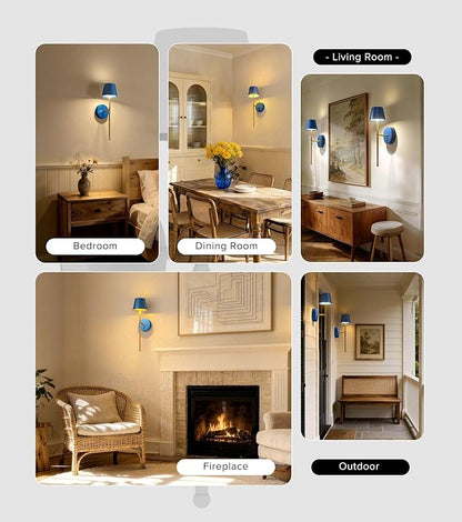 UME Wireless Sconces Set of 2 with Remote, 5200mAh Battery Powered Sconces - Small Rechargeable Sconces w/ 3 Color Temps & 5 brightness levels for Bedroom, Living Room, Wall Painting, Cafe (Blue-gold)