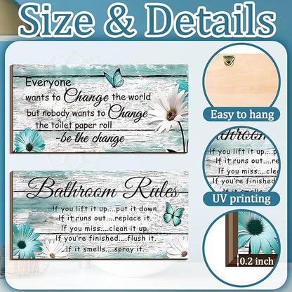 Jetec 2 Pieces Funny Bathroom Signs Bathroom Wall Decor Toilet Wall Accessories Farmhouse Toilet Rustic Wooden Signs, 12x6 Inch(Butterfly Style)