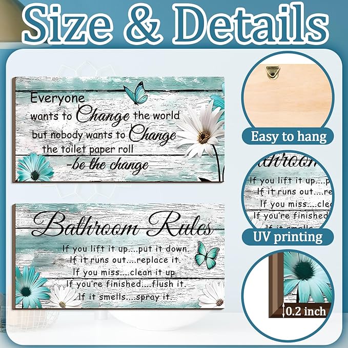 Jetec 2 Pieces Funny Bathroom Signs Bathroom Wall Decor Toilet Wall Accessories Farmhouse Toilet Rustic Wooden Signs, 12x6 Inch(Butterfly Style)