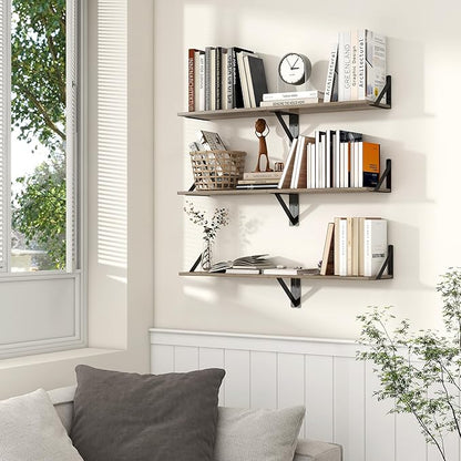 Axeman Floating Shelves for Wall, 16W x 8D Floating Shelves Set of 2, 8 Inch Deep Rustic Grey Wood Wall Mounted Shelves for Farmhouse Bookshelf Living Room Bedroom