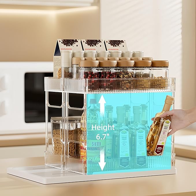 Pull Out Spice Rack Organizer for Cabinet, Rotatable 2 Tier Slide Out Seasoning Organizer and Storage Adhesive Vertical Spice Rack Shelf Pullout for Kitchen Cabinets(2 Drawer, Acrylic)