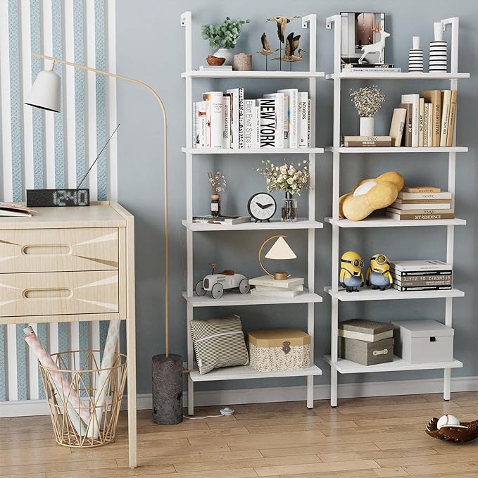 aboxoo Ladder Shelf 2 PCS White Bookshelf 5-Tier Wooden Open Shelf Wall-Mounted Wood Rack Industrial Modern Plant Flower Stand Utility Organizer Bookcase Metal Frame Furniture Office Kitchen Bedroom