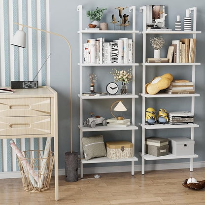aboxoo Ladder Shelf White Wooden Bookshelf 5-Tier Wall-Mounted Open Wood Rack Industrial Modern Plant Flower Stand Utility Organizer Bookcase Metal Frame Furniture Office Kitchen Bedroom