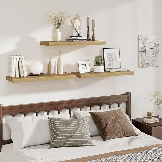 Fun Memories Deep Floating Shelves, 32W x 12D Oak Wall Shelves, 32 Long Rustic Wood Wide Storage Shelves for Bedroom, Kitchen, Farmhouse, Laundry Room, Bedroom, Kitchen, Home Office- Set of 3