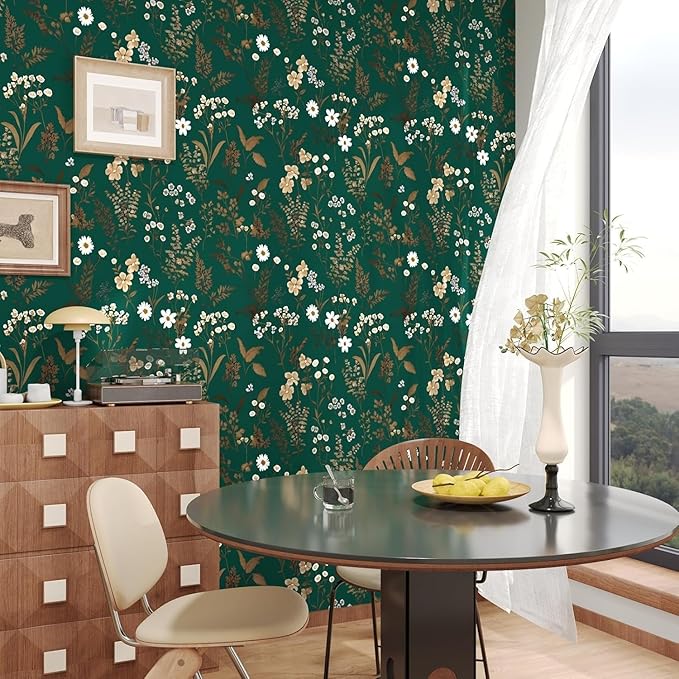 Dark Floral Wallpaper Peel and Stick 17.5in x 118in Vintage Green Gold Leaf Wallpaper Vinyl Waterproof Self-Adhesive Boho Botanical Wall Paper Mural for Cabinet Bookcase Bedroom Decor