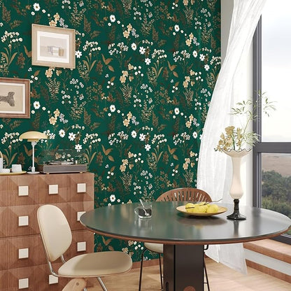 Dark Floral Wallpaper Peel and Stick 17.5in x 118in Vintage Green Gold Leaf Wallpaper Vinyl Waterproof Self-Adhesive Boho Botanical Wall Paper Mural for Cabinet Bookcase Bedroom Decor