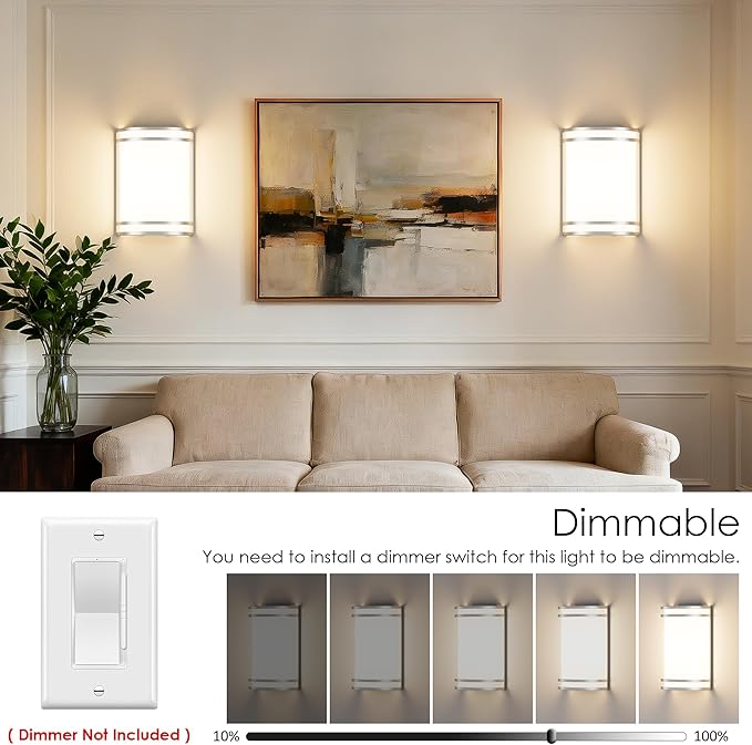 Aipsun Modern Wall Sconces 15W LED Indoor Hardwired Wall Sconce Lighting Dimmable Wall Lights for Living Room Hallway Bedroom (Brushed Nickel)