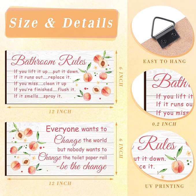 Jetec 2 Pieces Funny Bathroom Signs Bathroom Wall Decor Toilet Wall Accessories Farmhouse Toilet Rustic Wooden Signs, 12x6 Inch(Peach Style)