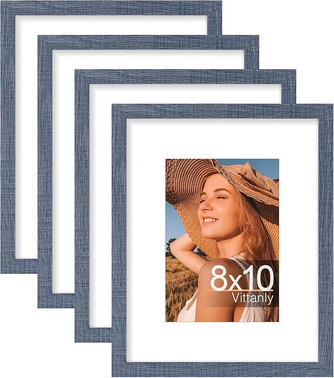 Vittanly 8x10 Picture Frames Set of 4, Display Pictures 5x7 with Mat or 8x10 without Mat, Gallery Frame Set for Wall or Tabletop Display, Engineered Wood with Shatter Resistant Plexiglass, Navy Blue