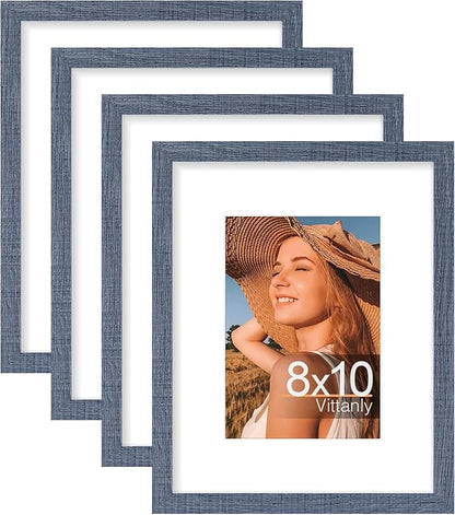 Vittanly 8x10 Picture Frames Set of 4, Display Pictures 5x7 with Mat or 8x10 without Mat, Gallery Frame Set for Wall or Tabletop Display, Engineered Wood with Shatter Resistant Plexiglass, Navy Blue