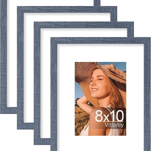 Vittanly 8x10 Picture Frames Set of 4, Display Pictures 5x7 with Mat or 8x10 without Mat, Gallery Frame Set for Wall or Tabletop Display, Engineered Wood with Shatter Resistant Plexiglass, Navy Blue