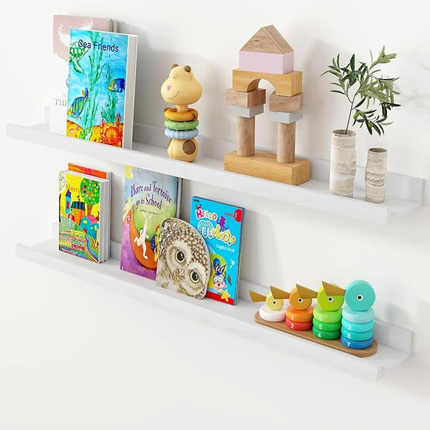 Axeman Oak Picture Ledge Shelf, 36 Inch Floating Shelves Set of 2, Solid Oak Wood Wall Shelves with Lip, Wall Decor Storage for Bedroom Living Room Bathroom Kitchen Nursery Photo Picture, White