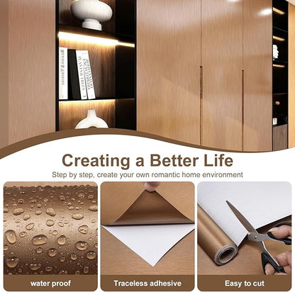 Brass Peel and Stick Wallpaper 15.7 x 1181 Metallic Textured Contact Paper Modern Self Adhesive Thick Texture Vinyl Waterproof Wall Paper for Bedroom Kitchen Cabinets Fridge