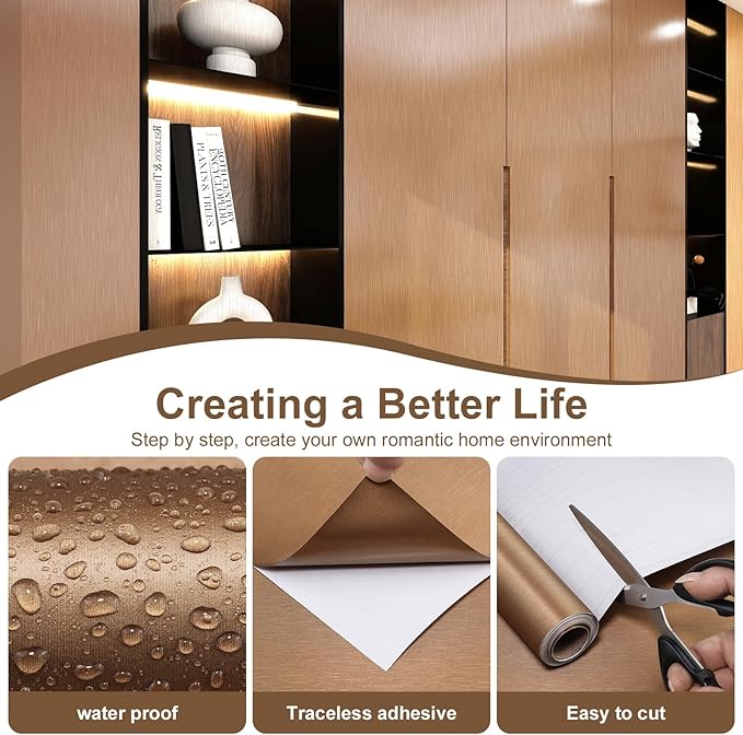 Brass Peel and Stick Wallpaper 15.7 x 1181 Metallic Textured Contact Paper Modern Self Adhesive Thick Texture Vinyl Waterproof Wall Paper for Bedroom Kitchen Cabinets Fridge
