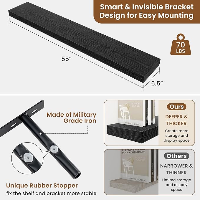 fuqing Floating Shelves for Wall, Wall Mounted Wood Floating Shelf with Invisible Brackets for Living Room, Bathroom, Bedroom, Kitchen Storage and Decor, 55 Inch Set of 2, Black