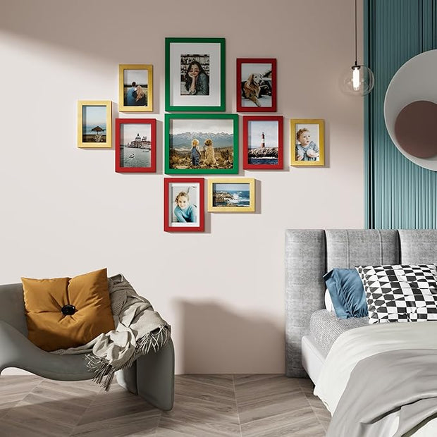 Vittanly Picture Frames Set of 10, Picture Frames Collage Wall Decor with Two 8x10, Four 5x7 and Four 4x6 Photo Frames, Gallery Wall Frame Set for Wall or Tabletop Display, Green, Red and Gold