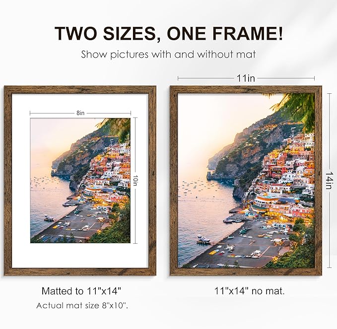 PEALSN 11x14 Picture Frame Set of 6, Display Pictures 8x10 with Mat or 11x14 without Mat for Wall Mounting or Table Top Display, Photo Frames Collage for Wall Decor, Rustic Brown