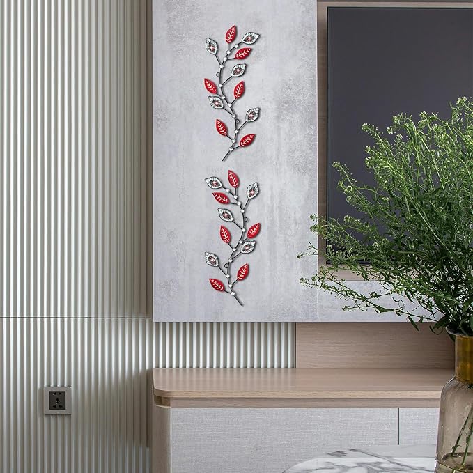 sxnzequnze 2 Pcs Metal Leaf Wall Art Crystal Bling Decorations Silver Leaves 3D Iron Handmade Home Decor Hanging Minimalist Accents Modern Set for Living Room Bathroom Bedroom Dining Room Hallway