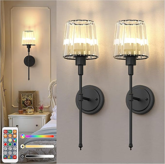 DORESshop Battery Operated Wall Sconce Set of 2, Wireless Wall Light, 15 Color Rechargeable Wall Sconces, Sconce Wall Decor Set of 2 for Bedroom, Living Room, Black and Crystal, 24.6in