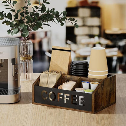 YINMIT Coffee Station Organizer for Countertop, Wood Coffee Bar Organizer with Removable Dividers for Pods, Syrup, Cups, Stirrer, Tea - Office Bar Accessories, Iron Sheet-Vintage Brown
