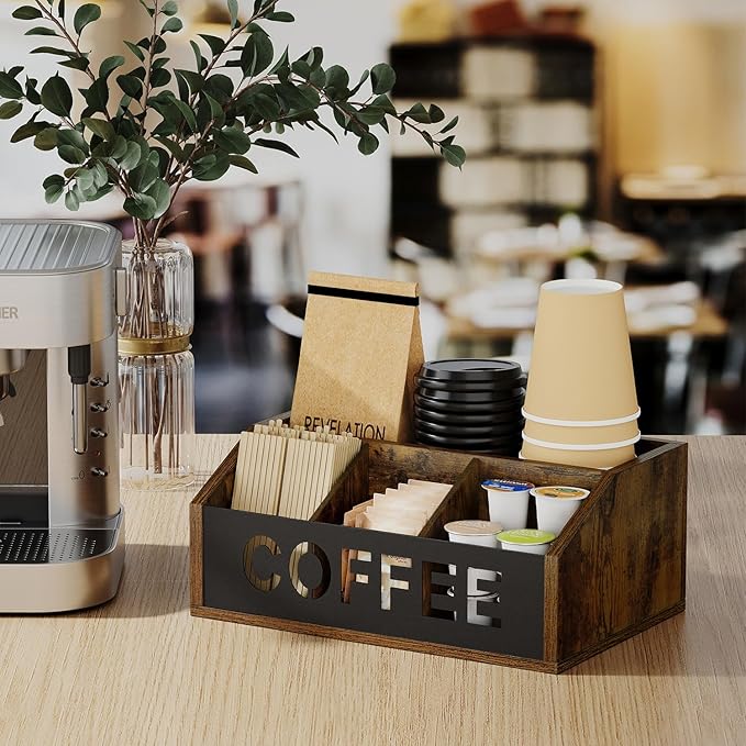 YINMIT Coffee Station Organizer for Countertop, Wood Coffee Bar Organizer with Removable Dividers for Pods, Syrup, Cups, Stirrer, Tea - Office Bar Accessories, Iron Sheet-Vintage Brown