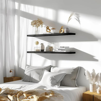 PHPH 48 Inch Wood Floating Shelves for Wall, Wooden Wall Shelves for Bedroom, Set of 4 Black
