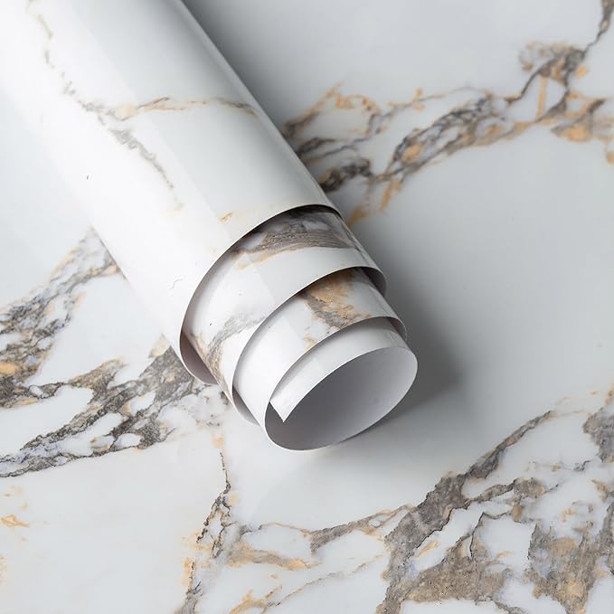 White Gloss Gold Veins Marble Granite Contact Paper peel and stick Wallpaper Cabinet kitchen for Countertops354x16inch Vinyl Wrap Adhesive Counter Top laminate Sheets Wall Paper DIY Bathroom Backspash