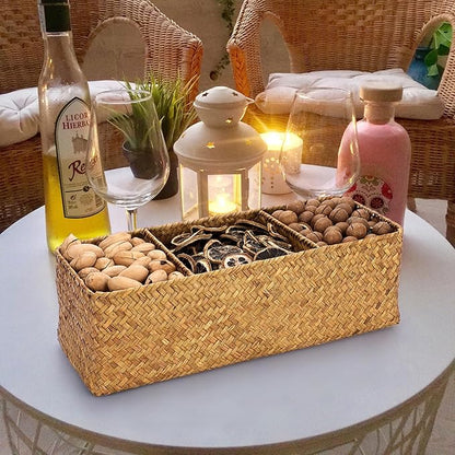 ELLDOO Woven Seagrass Wicker Rattan Storage Basket, Large Capacity Coffee Pod Holder Organizer for K Cup Nespresso Pods, 3-Section Seagrass Storage Box for Coffee bar Shelves Kitchen Cabinets,Brown