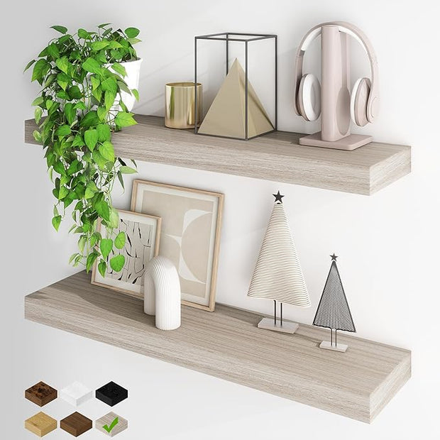 Fun Memories Floating Shelves for Wall, 32Inch Floating Shelves Set of 2, Hanging Shelf with Invisible Brackets, Wood Shelves for Living Room, Bedroom, Kitchen, Grey