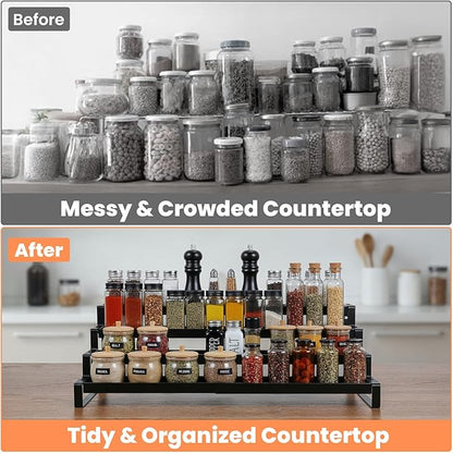 Spice Rack Organizer for Cabinet, Expandable 3 Tiered Spice Rack, Metal Spices Organizer, Display Shelf Organizers for Cabinet, Countertop, Pantry, Cupboard (Black)