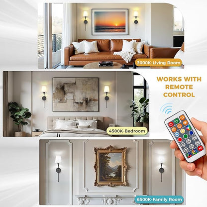 DORESshop Battery Operated Wall Sconce Set of 2, Wireless Wall Light Easy to Install, 7 Color Rechargeable Wall Sconces, Sconce Wall Decor Set of 2 for Bedroom, Living Room, Matte Balck, 24.3in