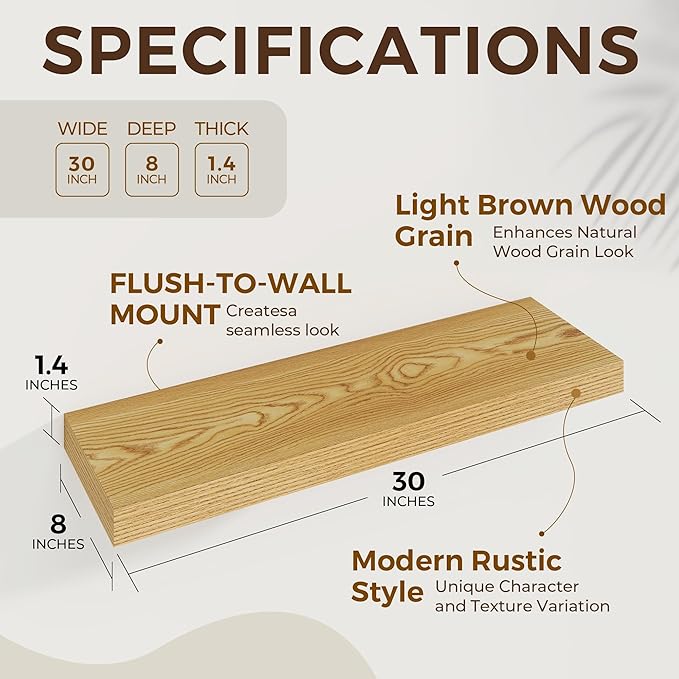 Dreamland 30 Inches Floating Shelves for Wall,8 Inch Deep Floating Shelves Set of 2, Large Display & Storage Shelf, Wall Shelf for Bathroom Bedroom Living Room Kitchen Office,Light Brown