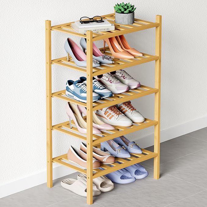 Smiry Bamboo Shoe Rack for Closet, 5 Tier Small Wooden Stackable Shoe Organizer, Free Standing Shoes Storage Shelf for Entryway, Front Door Entrance, Natural