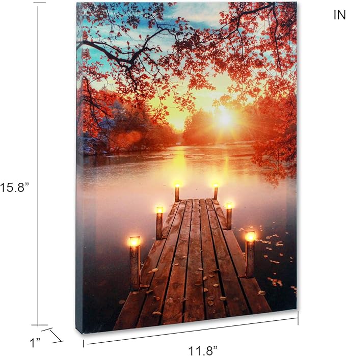 BetyHom Red Maple Sunrise Scenery by the Lake Canvas Wall Art with Lighted Candles LED (15.8x11.8 in)