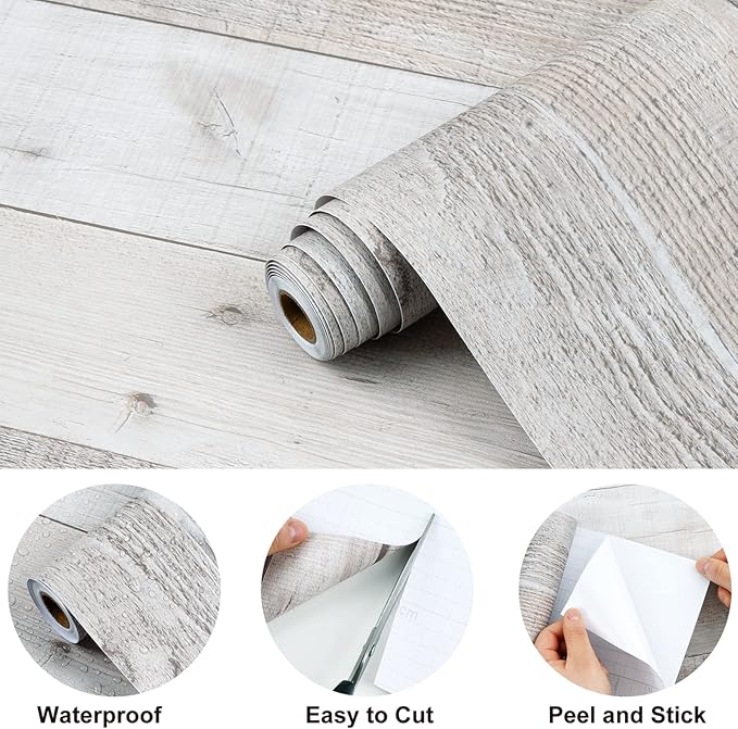 WENMER Gray Shiplap Peel and Stick Wallpaper, 17.71'' x 590'', Vintage Wood Texture, Self-Adhesive, Waterproof, Covers 72.56 sq.ft.