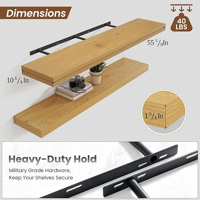 Heimlove Floating Shelves for Wall 55 Inch Long,Extra Large and Thick Wood Shelves Mounted Storage Hanging Shelf Invisible Bracket for Bedroom,Living Room,Kitchen,Office,Set of 2,Oak