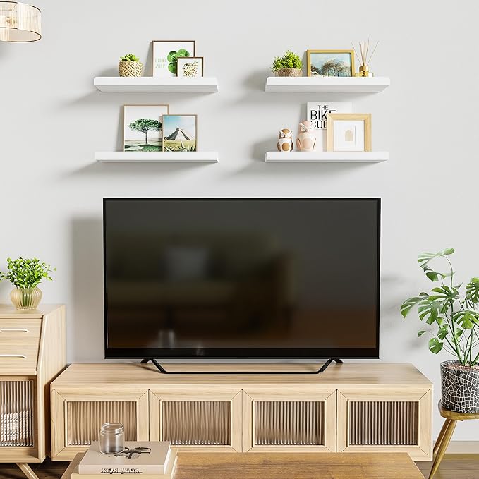 Love-KANKEI White Floating Shelves for Wall Set of 4, Wood Wall Shelves with Lip,15.6 Inch Rustic Hanging Shelves for Bedroom Bathroom Living Room Kitchen Nursery Display