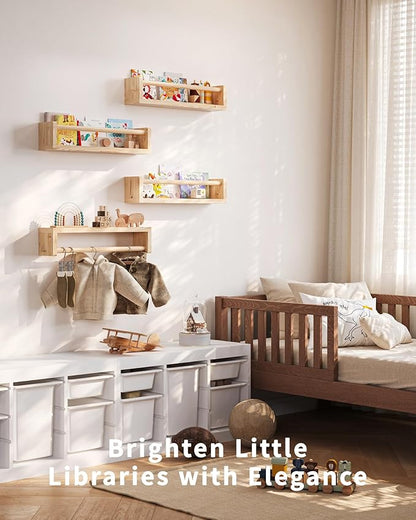 Nursery Book Shelves, 4 Pack, Wall Book Shelves for Kids Room, Baby, Toddler, Nursery Decor (Wood, 16.5 Inches)