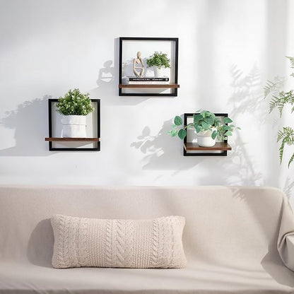 Wall Shelves for Living Room - Set of 3 Geometric Decorative Floating Shelf for Home Decor - Modern Industrial Wall Mounted Shelving Unit for Bedroom Bathroom Corner (Rustic Brown and Black)