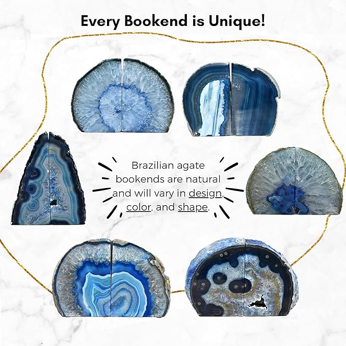 Nature's Decorations Blue Agate Bookends – A+ Grade Geode Heavy Duty Decorative Stone Crystal for Shelves & Bookcases, Natural Polished Bookshelf Decor, 1 Pair 3-4Lbs